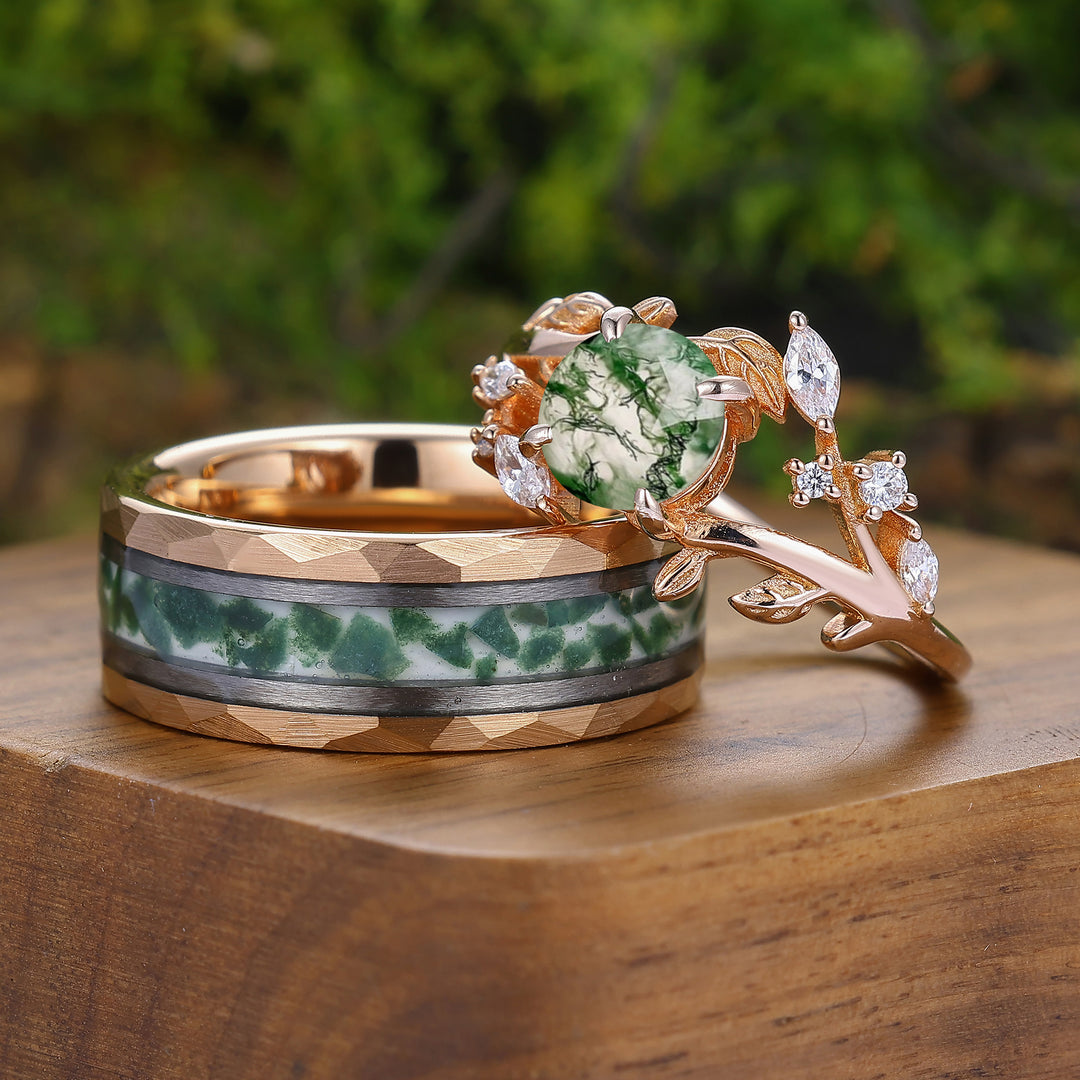 Leaf Motief Ronde Geslepen Natuurlijke Mos Agaat Paar Ringen Roségoud Verguld Zijn En Haar Ringen