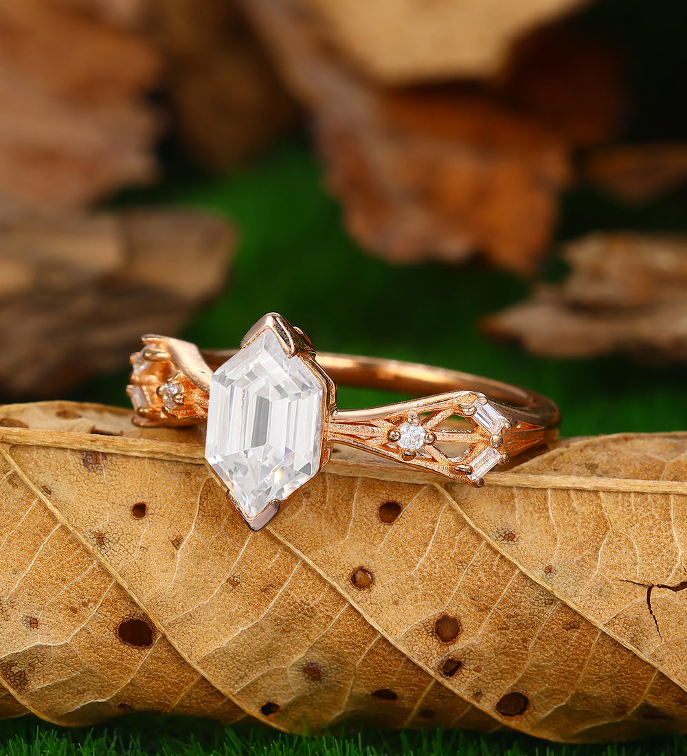 1.8CT Long Hexagon Cut Moissanite Ring Engagement Ring Handmade Bridal Ring
