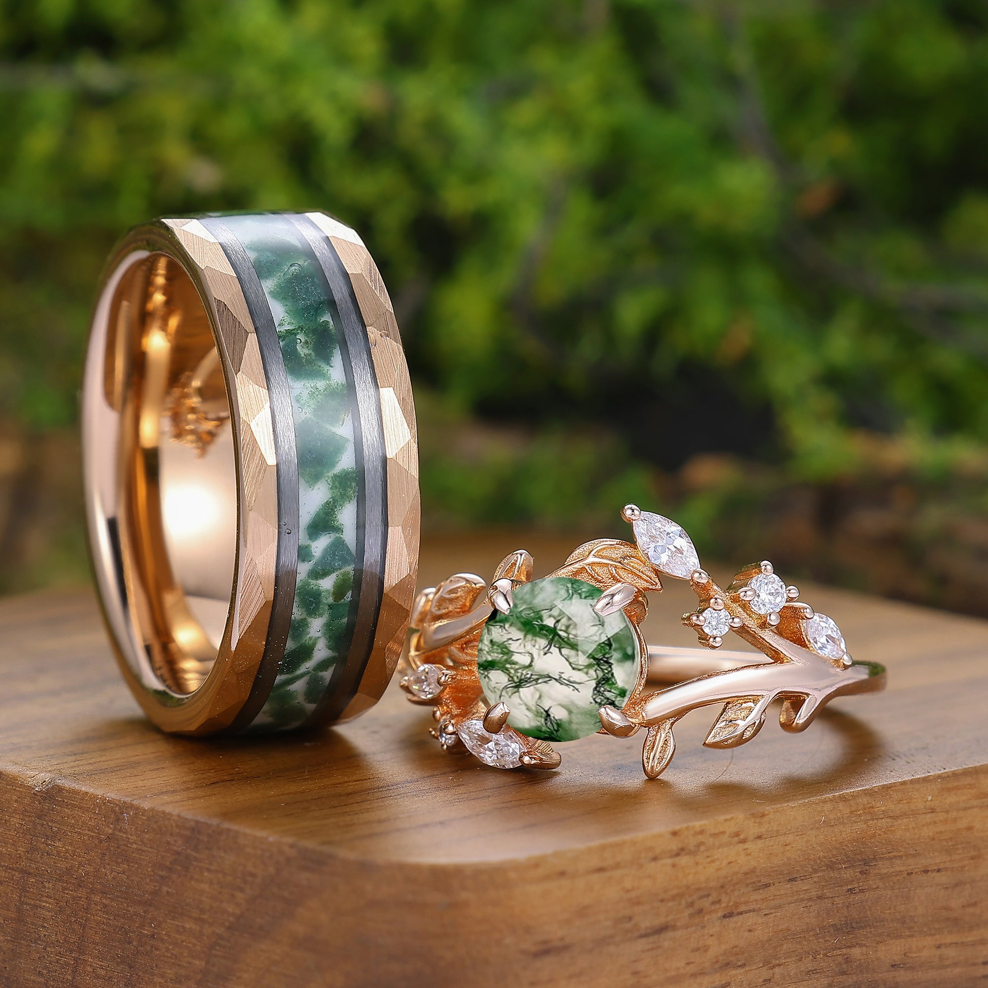 Leaf Motif Round Cut Natural Moss Agate Couple Rings Rose Gold