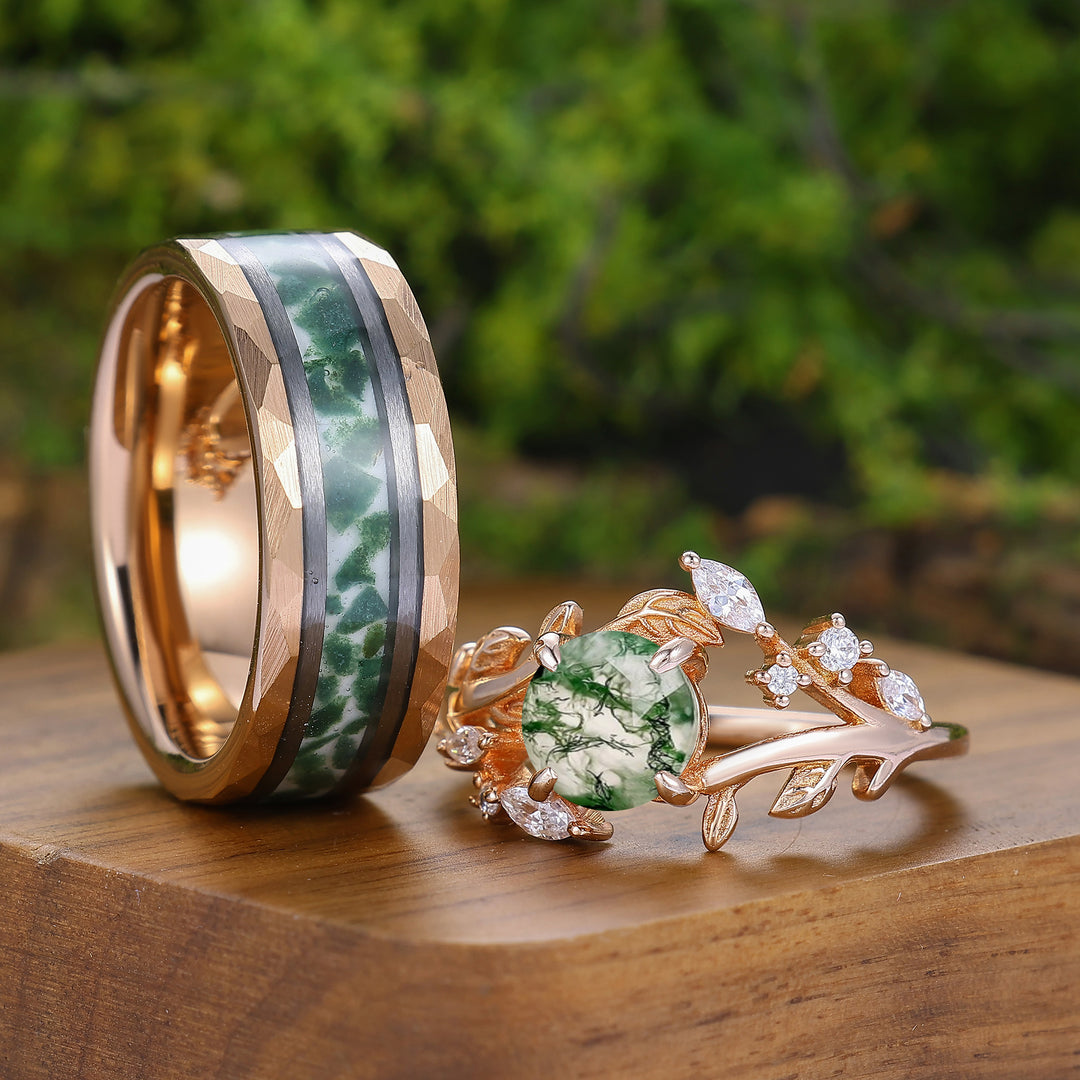 Leaf Motief Ronde Geslepen Natuurlijke Mos Agaat Paar Ringen Roségoud Verguld Zijn En Haar Ringen