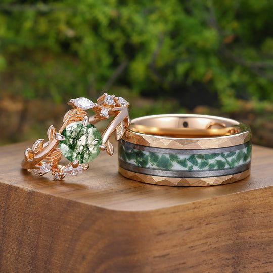 Leaf Motief Ronde Geslepen Natuurlijke Mos Agaat Paar Ringen Roségoud Verguld Zijn En Haar Ringen