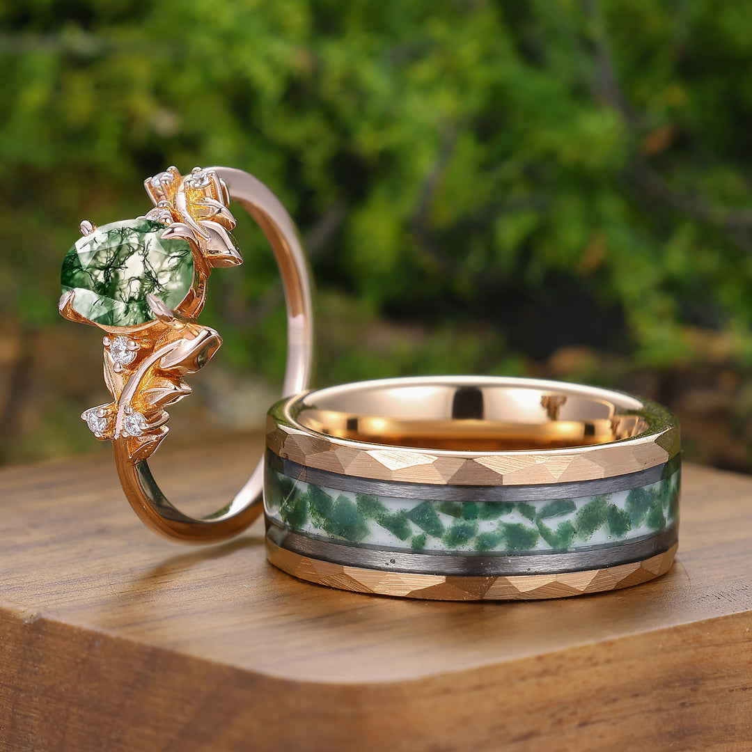 Unique Leaf Incisi Anelli Coppia in Agata Muschio Naturale Argento e Tungsteno Anelli Lui e Lei