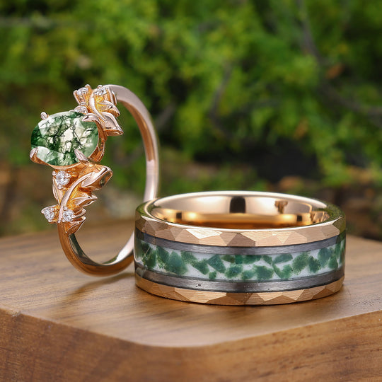 Unique Leaf Incisi Anelli Coppia in Agata Muschio Naturale Argento e Tungsteno Anelli Lui e Lei