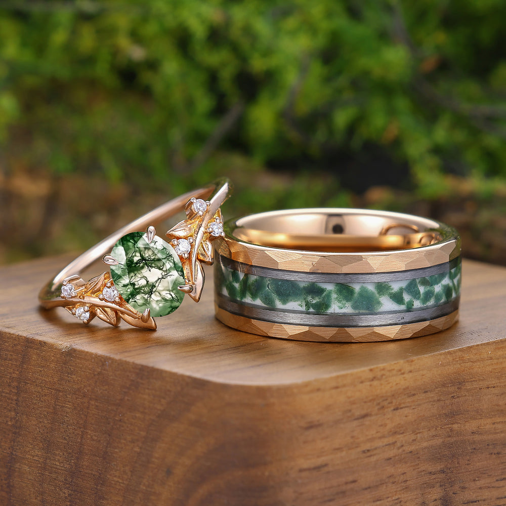 Unique Leaf Incisi Anelli Coppia in Agata Muschio Naturale Argento e Tungsteno Anelli Lui e Lei
