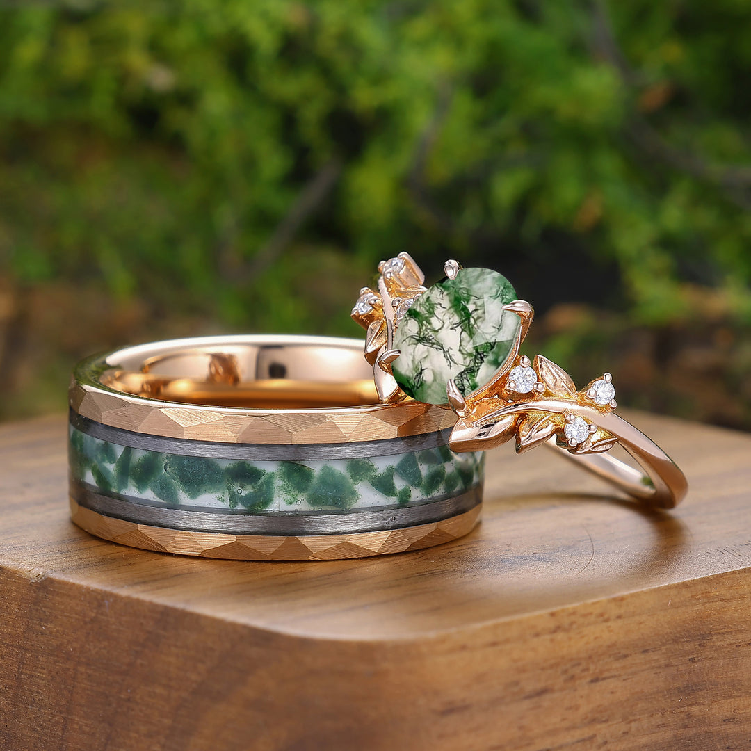 Unique Leaf Incisi Anelli Coppia in Agata Muschio Naturale Argento e Tungsteno Anelli Lui e Lei