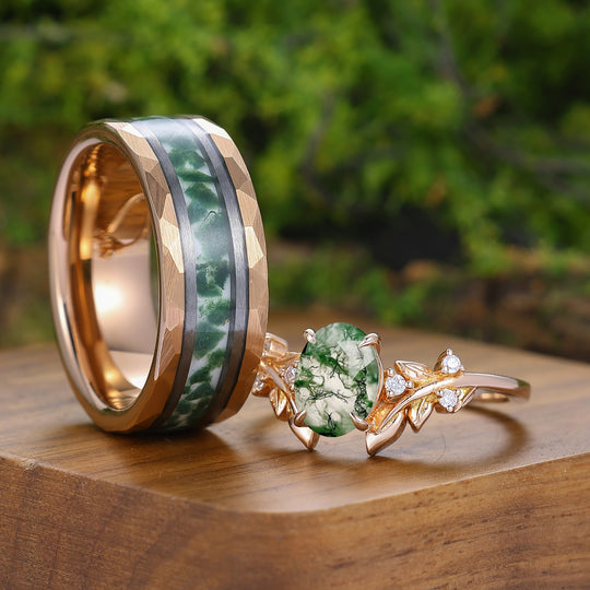 Unique Leaf Incisi Anelli Coppia in Agata Muschio Naturale Argento e Tungsteno Anelli Lui e Lei