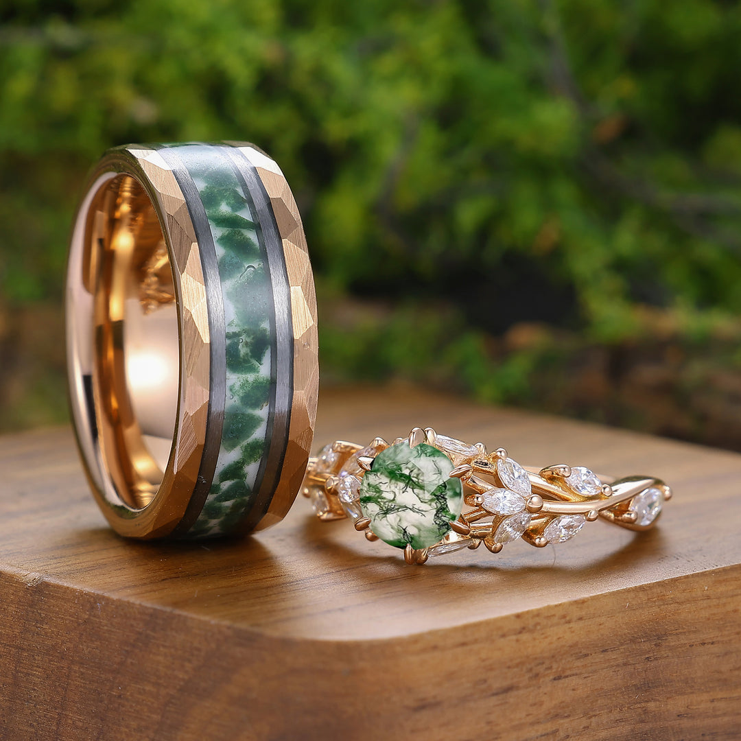 Nature-inspired Round Shape Moss Agate Couple Rings Brunch Design His And Hers Rings