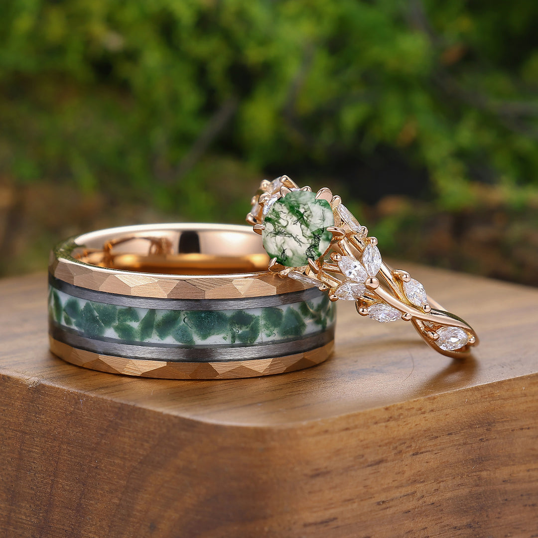 Nature-inspired Round Shape Moss Agate Couple Rings Brunch Design His And Hers Rings