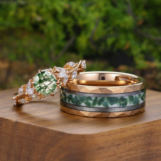 Nature-inspired Round Shape Moss Agate Couple Rings Brunch Design His And Hers Rings