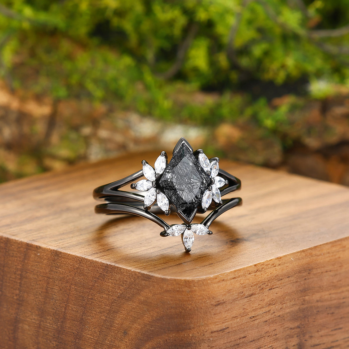Classic Black Rutilated Quartz Cluster Engagement Couple Rings Set