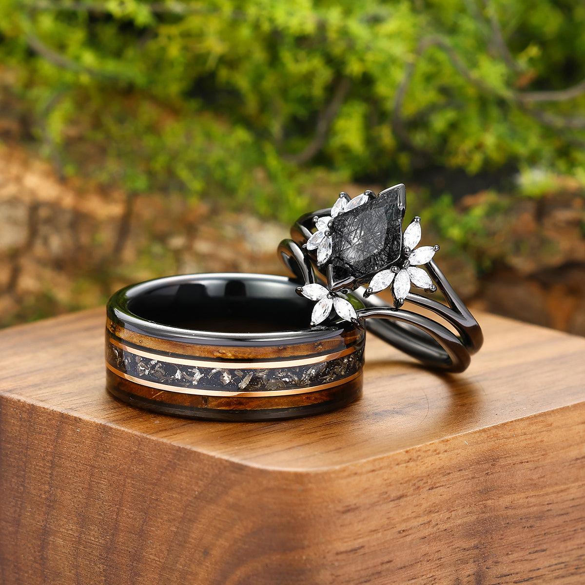 Classic Black Rutilated Quartz Cluster Engagement Couple Rings Set