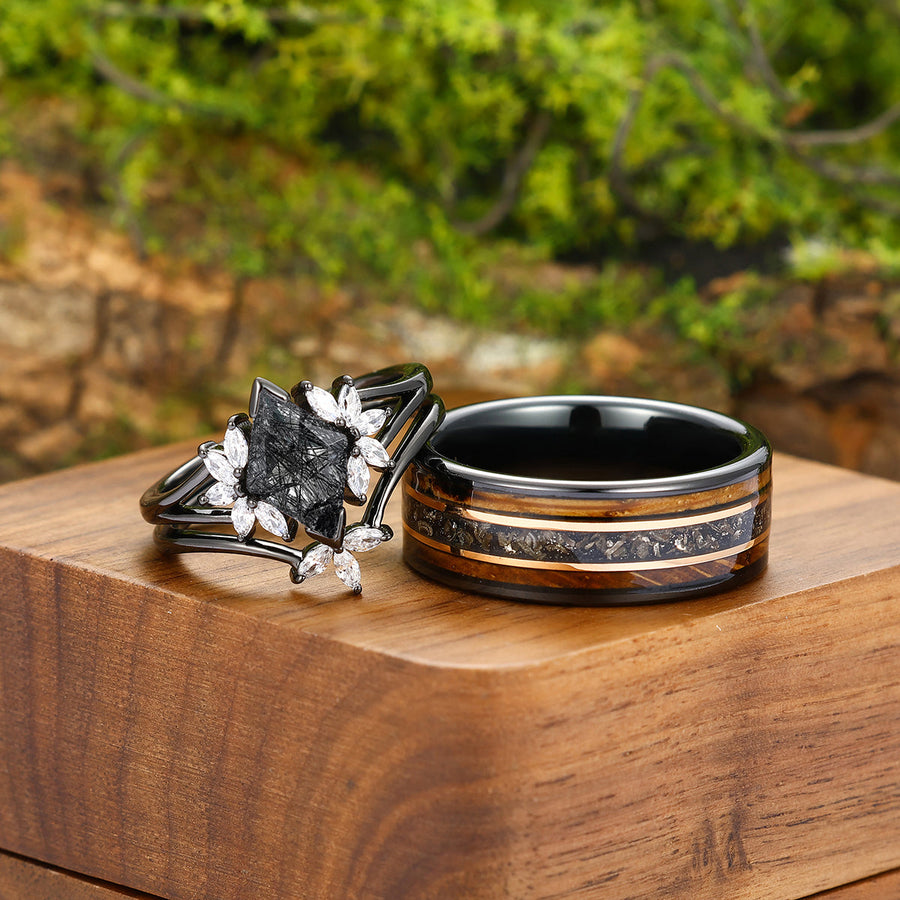 Classic Black Rutilated Quartz Cluster Engagement Couple Rings Set Promise Black Tungsten Wedding Band For Men And Women -  Esdomera.com