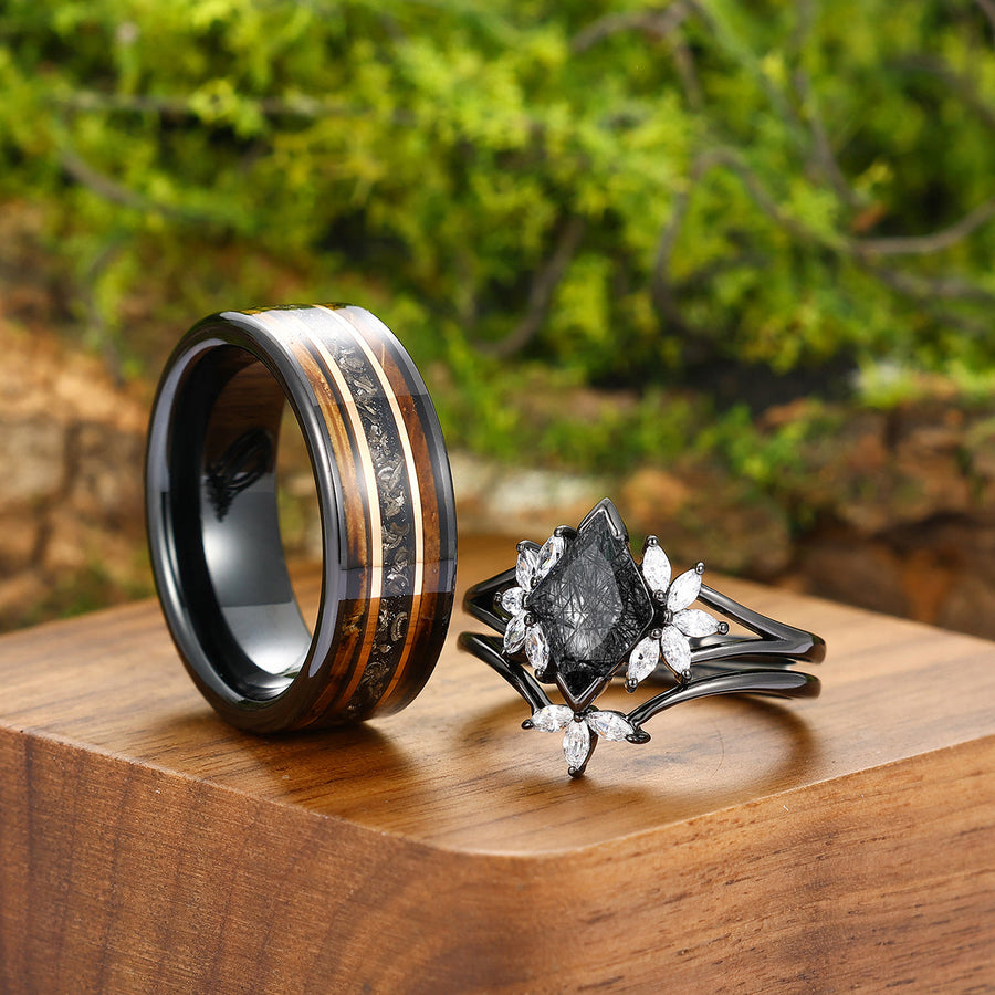 Classic Black Rutilated Quartz Cluster Engagement Couple Rings Set Promise Black Tungsten Wedding Band For Men And Women -  Esdomera.com