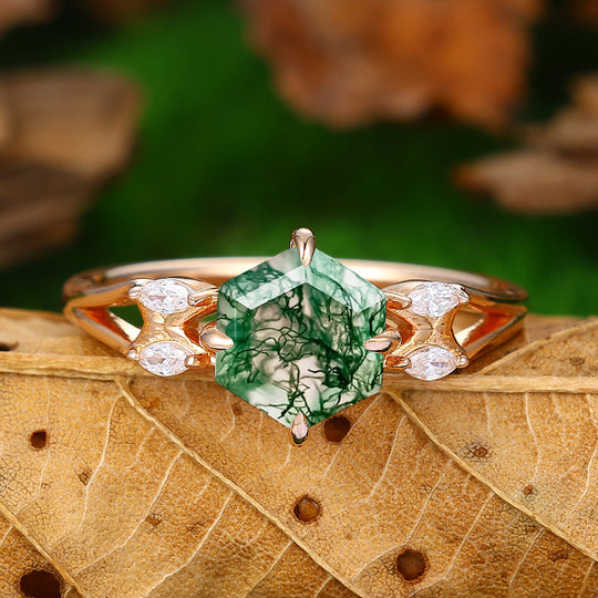 925 Sliver Hexagon Cut Cluster Natural Moss Agate Engagement Ring