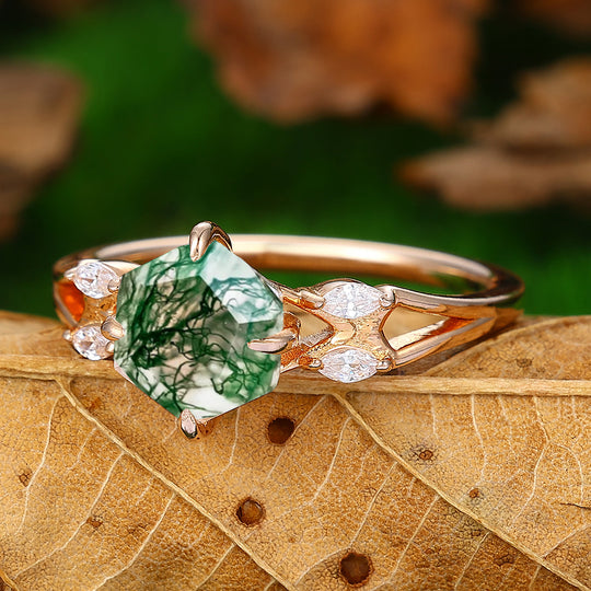 925 Sliver Hexagon Cut Cluster Natural Moss Agate Engagement Ring