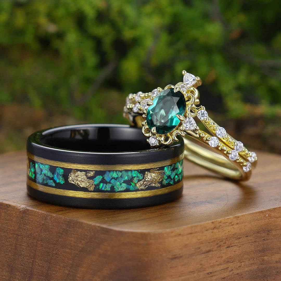 Antieke Ovale Geslepen Groene Smaragd Set Ringen voor Koppel met Filigraan Scrollwerk voor Hem en Haar