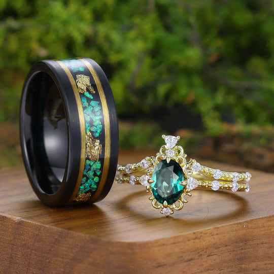 Antieke Ovale Geslepen Groene Smaragd Set Ringen voor Koppel met Filigraan Scrollwerk voor Hem en Haar