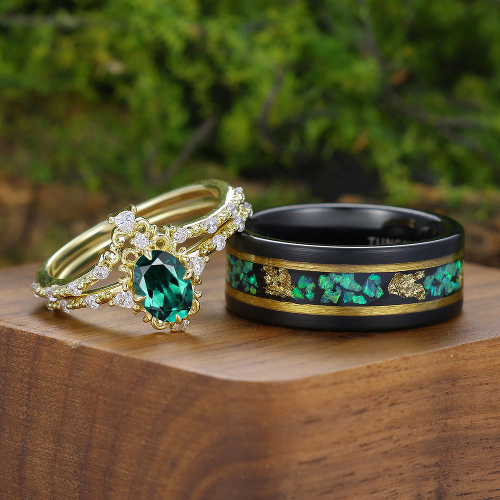 Antique Oval Cut Green Emerald Couple Ring Set Filigreed Scrollwork Rings For Him And Her