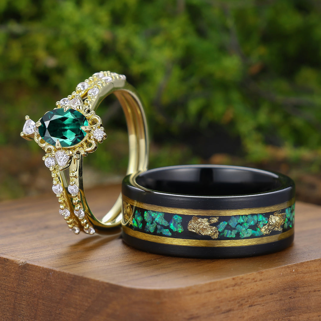 Antieke Ovale Geslepen Groene Smaragd Set Ringen voor Koppel met Filigraan Scrollwerk voor Hem en Haar