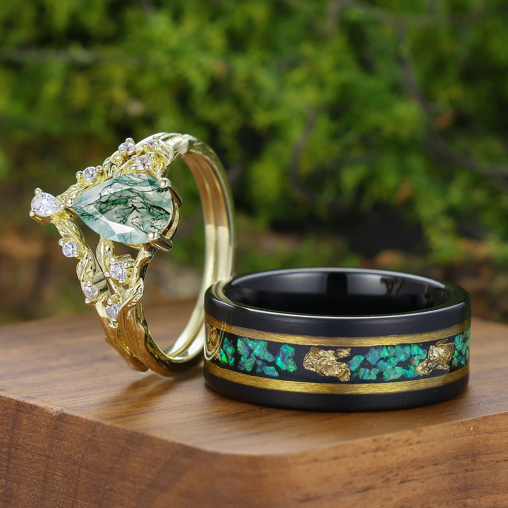 Set di anelli per coppia con agata muschiata a taglio pera ispirata alla foglia, foglia incisa, placcatura in oro giallo, set di anelli abbinati