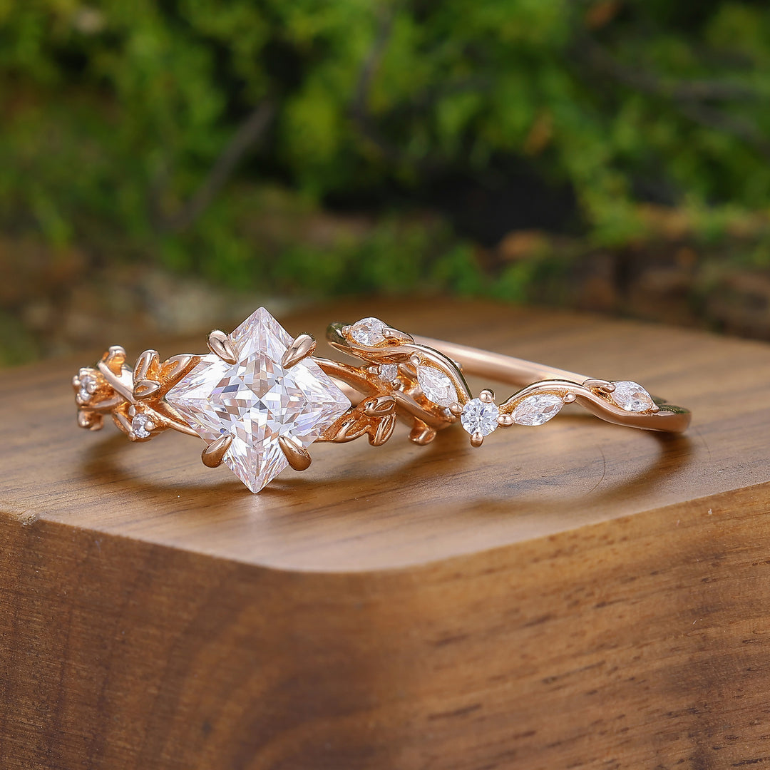 Vintage Princess Cut Moissanite Engagement Leaf Ring Set Matching Black Tungsten Couples Ring