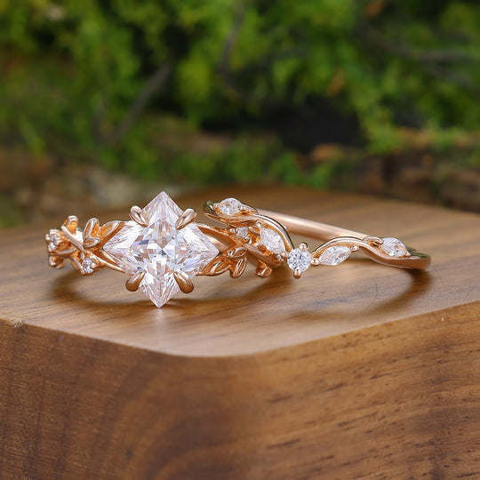 Vintage Princess Cut Moissanite Engagement Leaf Ring Set Matching Black Tungsten Couples Ring