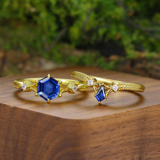 Vintage Kite Cut Sapphire Flourish Engraved Couple Rings Gold Plated His And Hers Rings