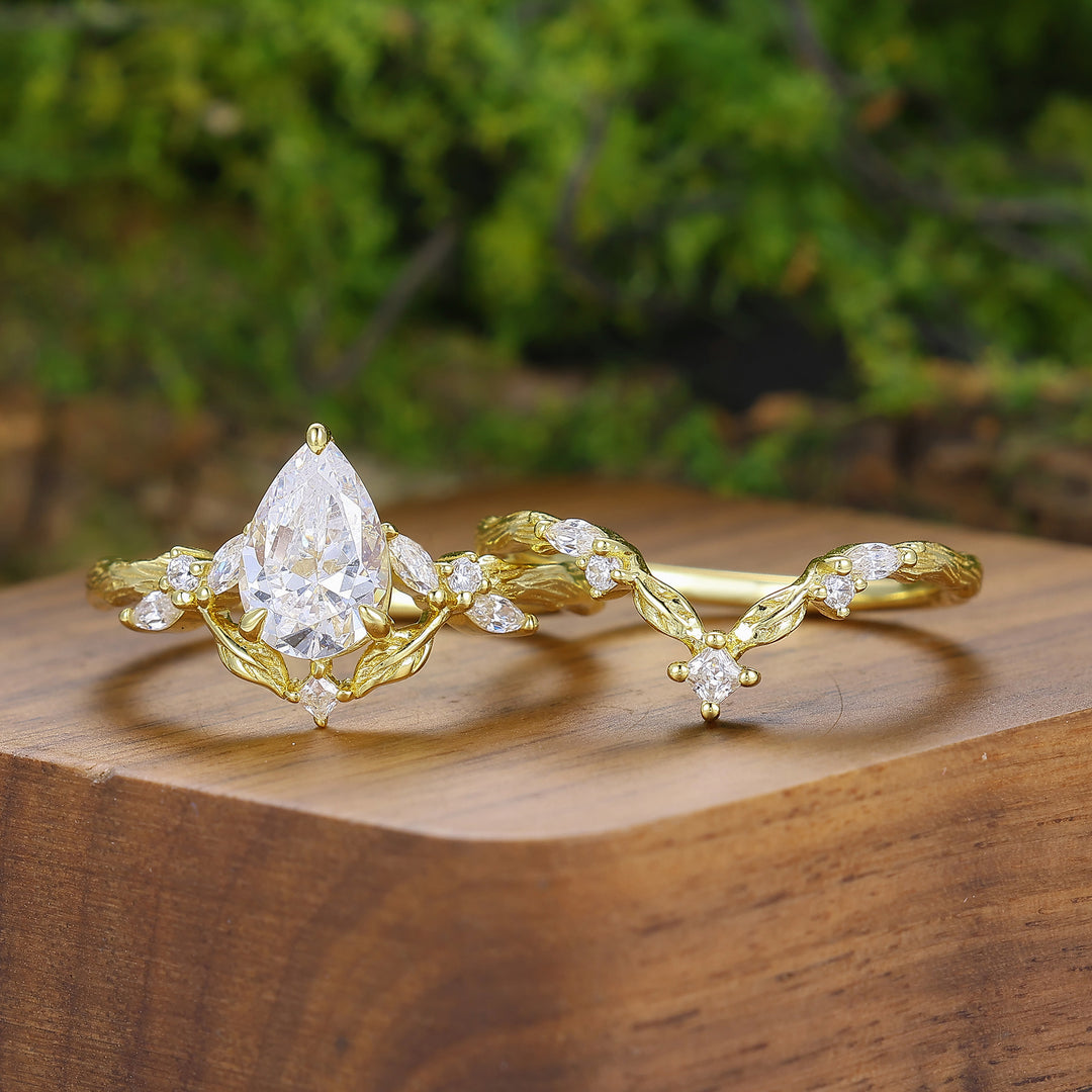 Noble Branch Design Perenvormige Moissaniet Set Verlovingsringen Geel Goud Verguld Matching Ringen