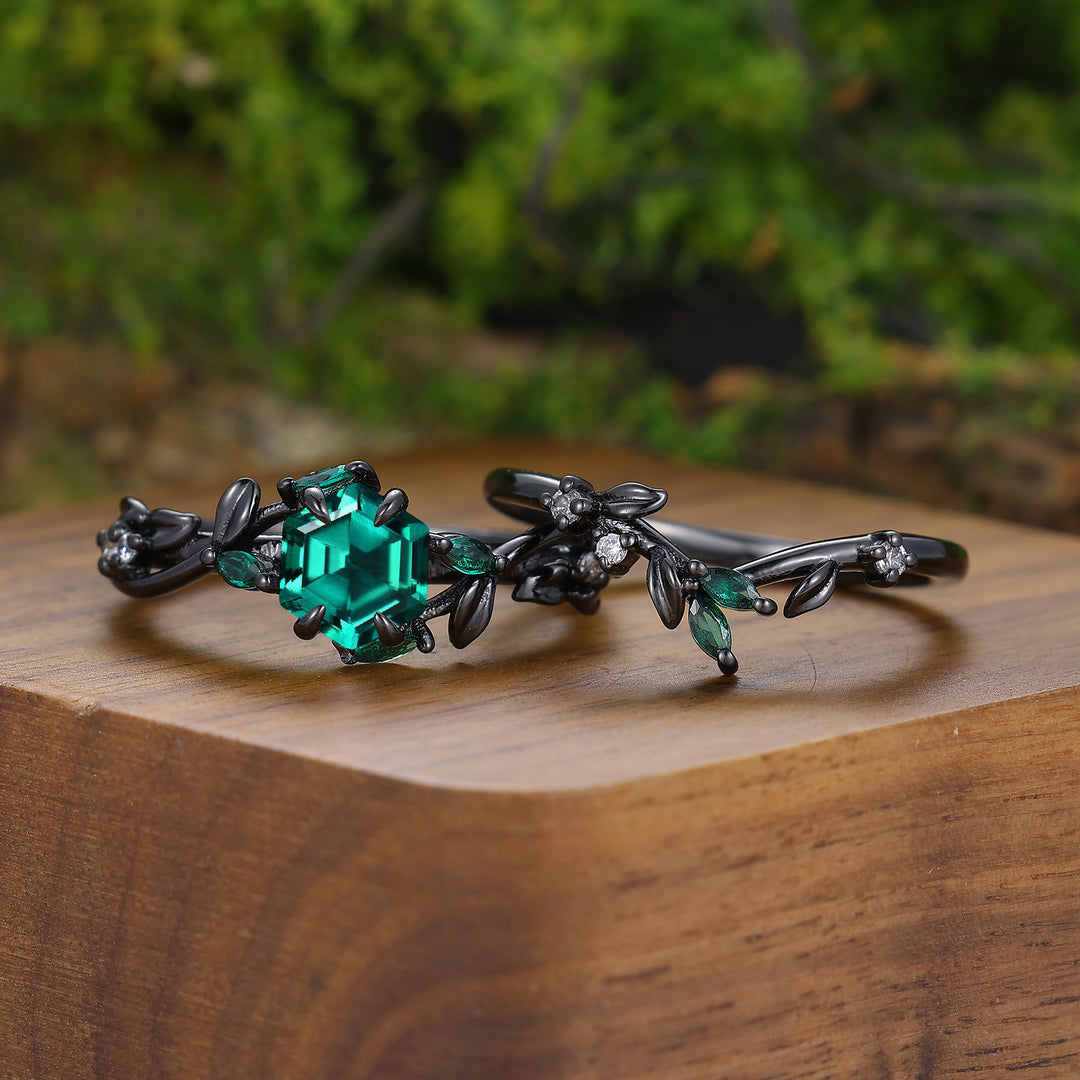 Twig Leaf-inspired Green Emerald Couple Rings Emerald Black Plated His And Hers Ring Set