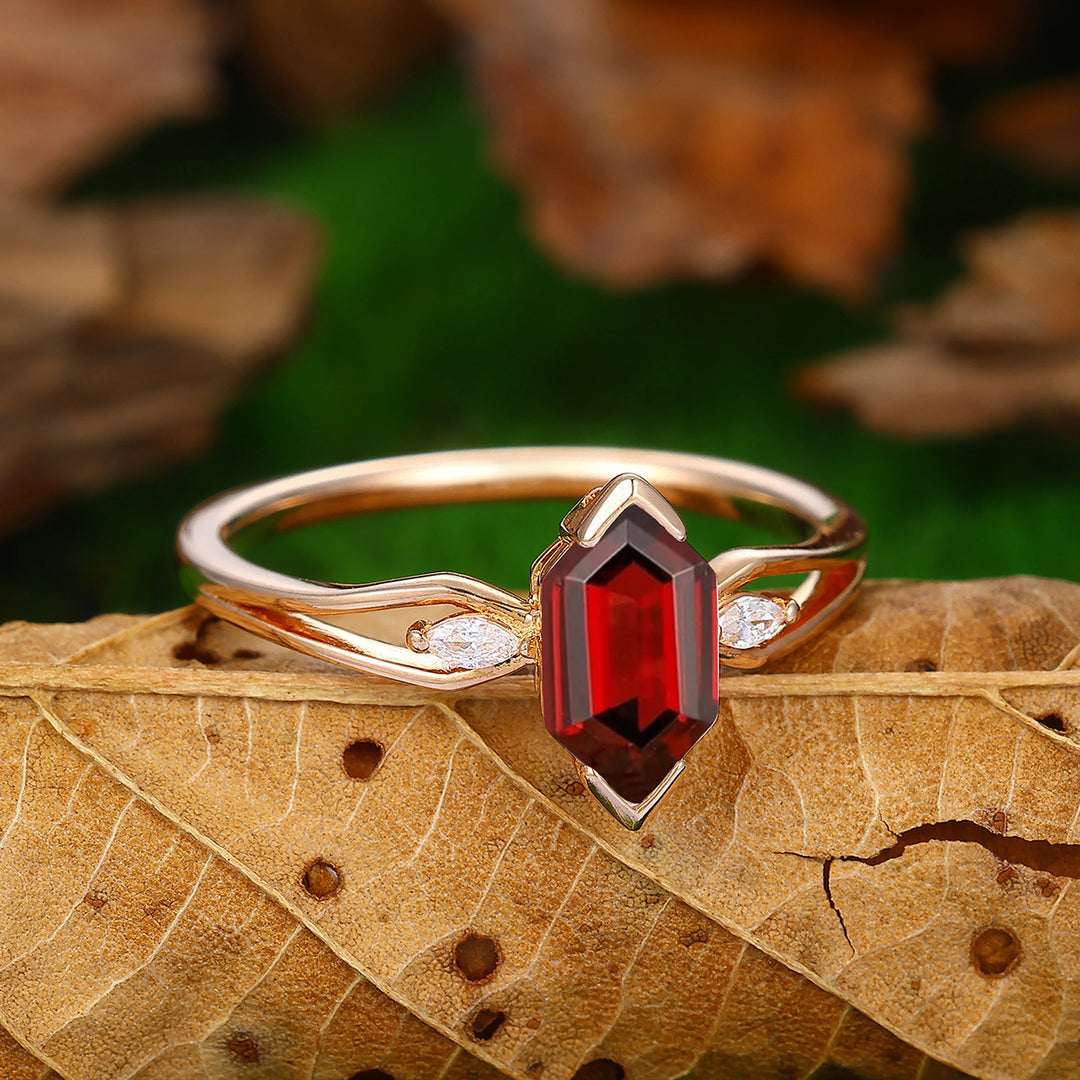 1.1CT  Long Hexagon Cut  Natural Red Garnet 14K Gold Bridal Anniversary Ring