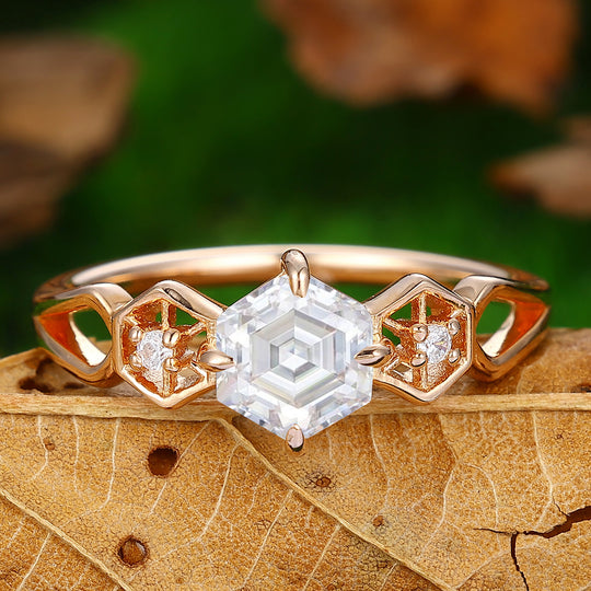 0.8CT Hexagon Cut Moissanite Nature Inspired Ring