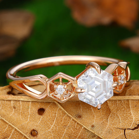 0.8CT Hexagon Cut Moissanite Nature Inspired Ring