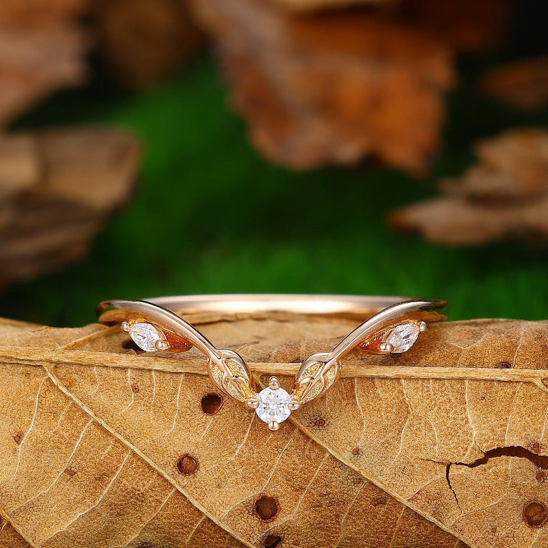 Wedding Leaf Moissanite Promise Bridal Ring Matching Band Ring - Esdomera