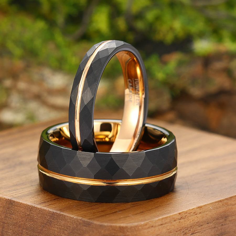 Simple 8mm/4mm Black Grooved Rhombic Rose Gold Couple Rings Tungsten His and Hers Bridal Sets