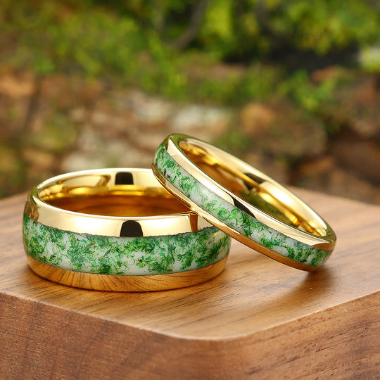 Moss Agate Tungsten Couple Rings His and Hers Wedding Band Yellow Gold Unisex Ring Set