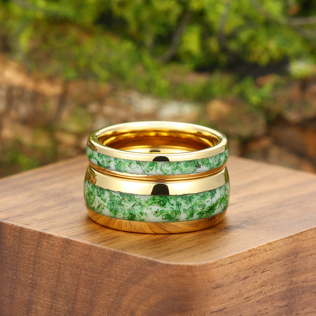 Moss Agate Tungsten Couple Rings His and Hers Wedding Band Yellow Gold Unisex Ring Set