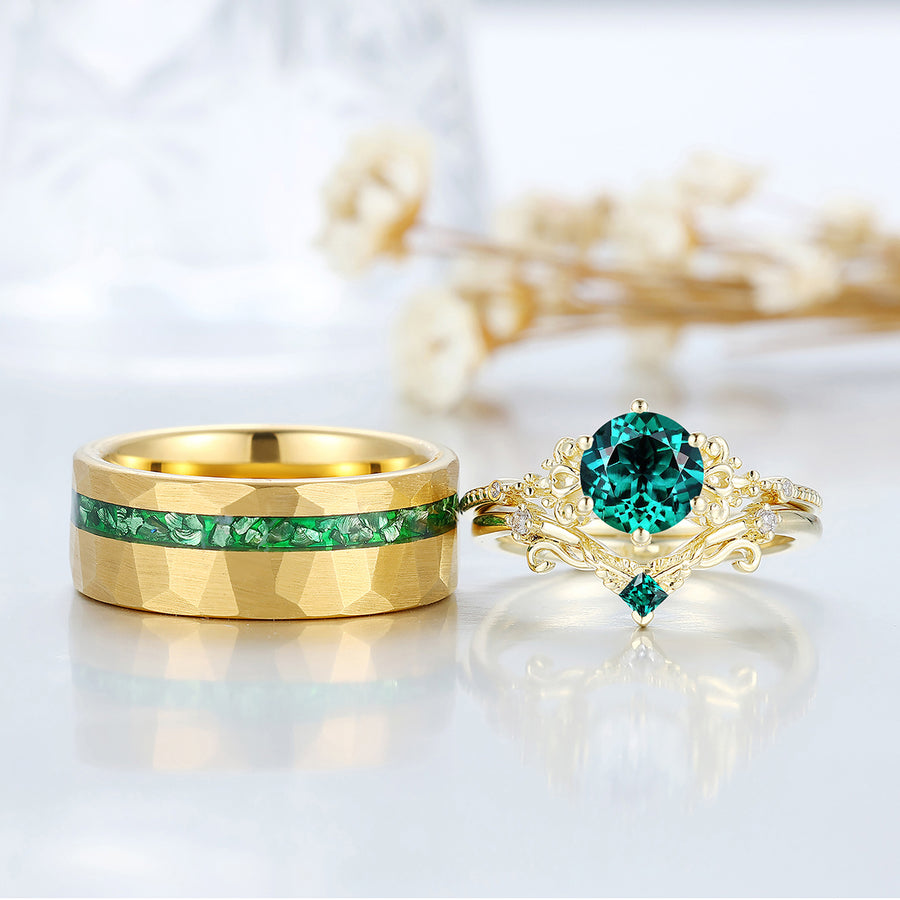 Scrollwork Design Green Emerald Couple Ring Set Yellow Gold Plated His And Hers Rings