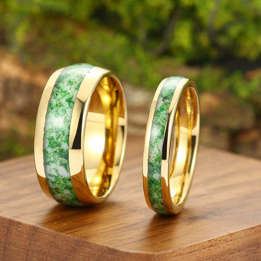 Moss Agate Tungsten Couple Rings His and Hers Wedding Band Yellow Gold Unisex Ring Set