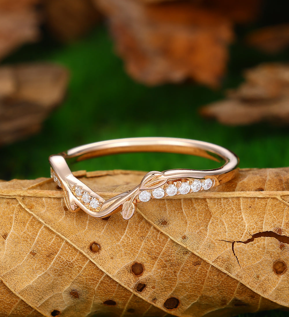 Leaf Gold Matching Band Moissanite Wedding Ring For Women