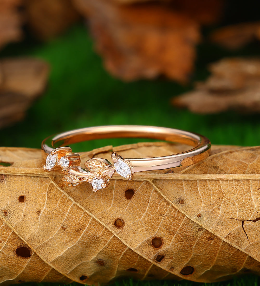 Curved Wedding Band Nature Inspired Leaf Stacking  Moissanite Stackable Ring