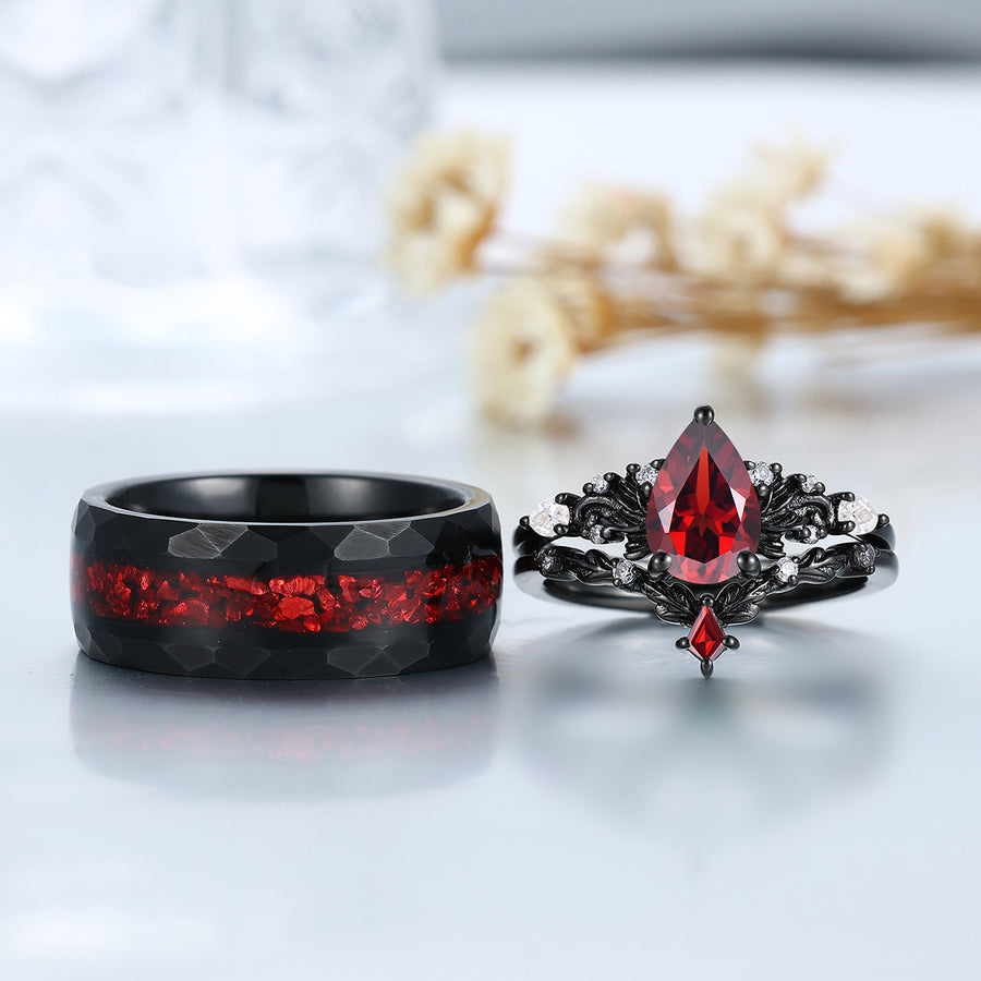 Vintage Red Garnet Leaf Flourish Couple Ring Set Black And Red Stone 3 Piece His and Hers Wedding Ring Sets