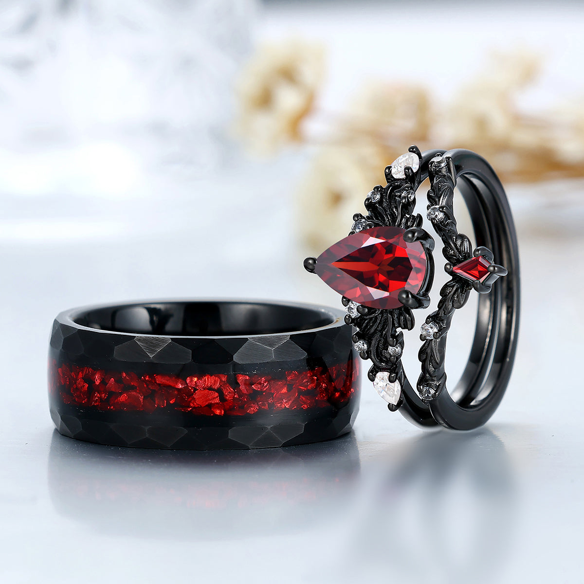 Vintage Red Garnet Leaf Flourish Couple Ring Set Black And Red