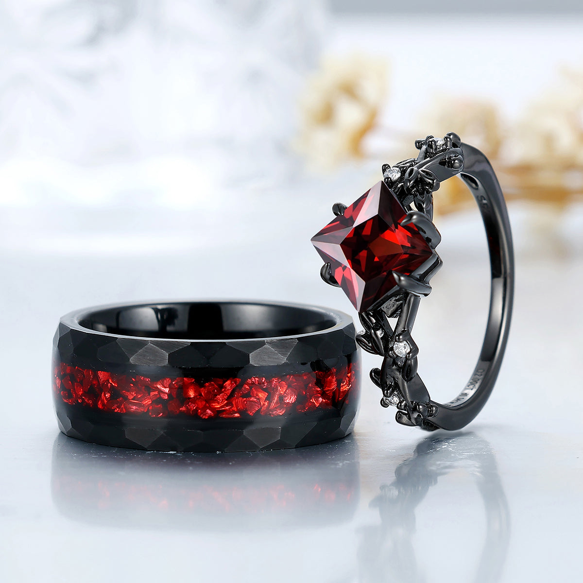 Exquisite Princess Leaf Red Garnet Engagement Couple Rings And