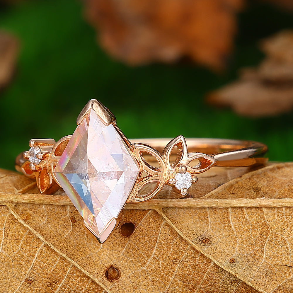 Floral Cluster  Rhombus Shaped Moissanite Unique Rose Gold Wedding Ring