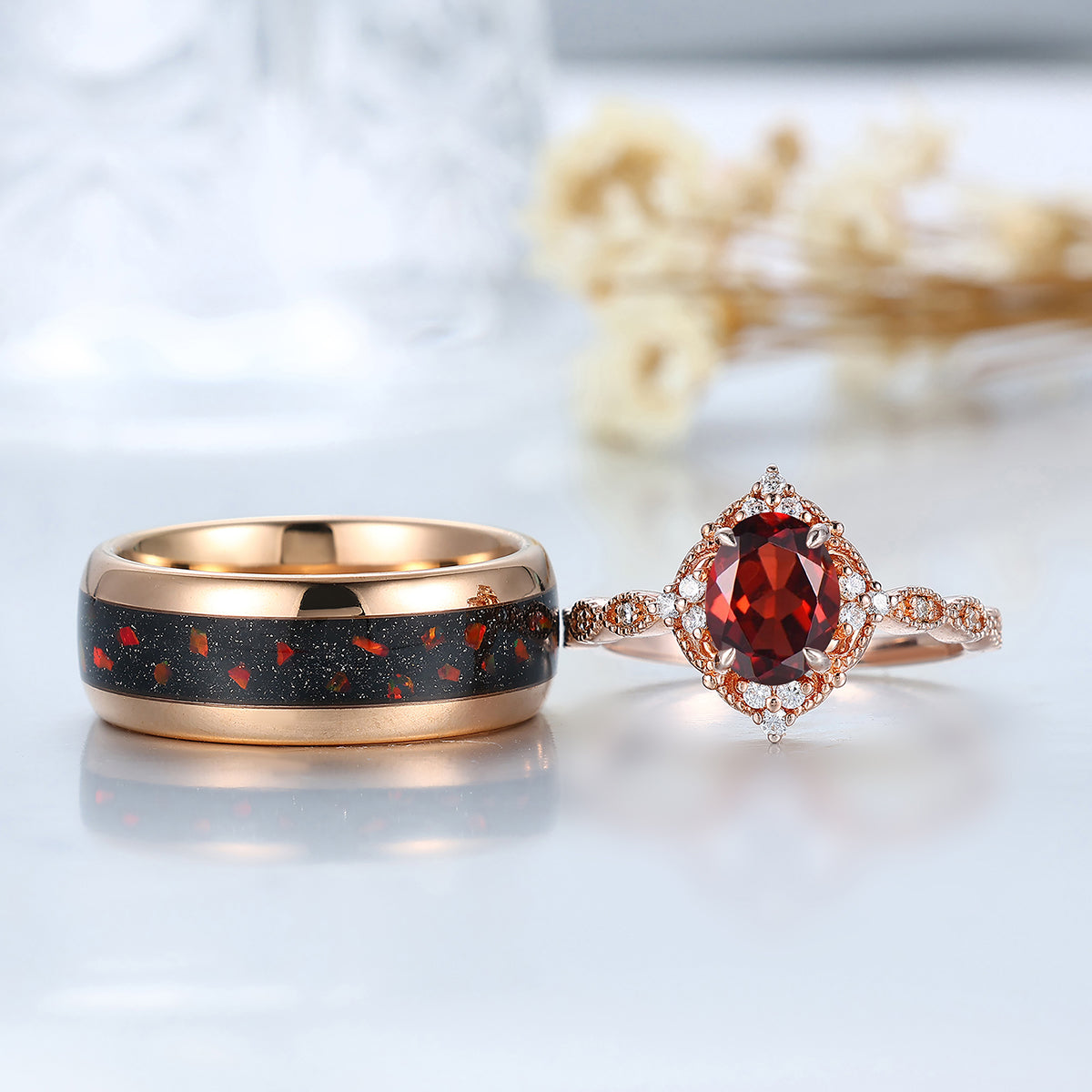 Vintage Milgrained Natural Red Garnet Couple Ring 2pcs Red