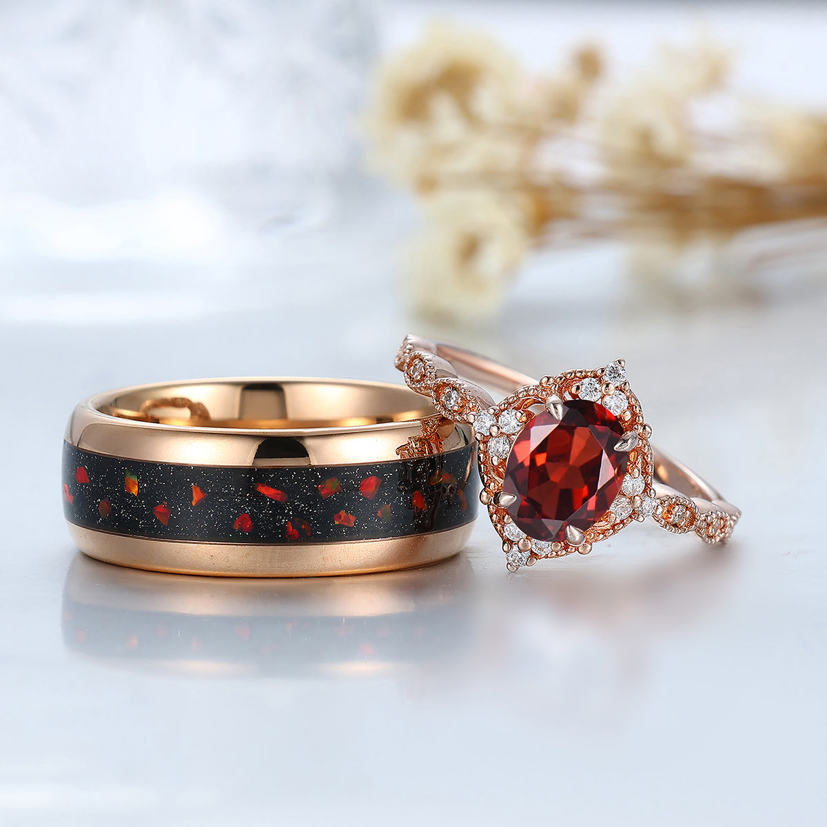 【青山店限定・希少】Mined Ring Red Garnet Large Vintage Milgrained Natural Red Garnet Couple Ring 2pcs Red