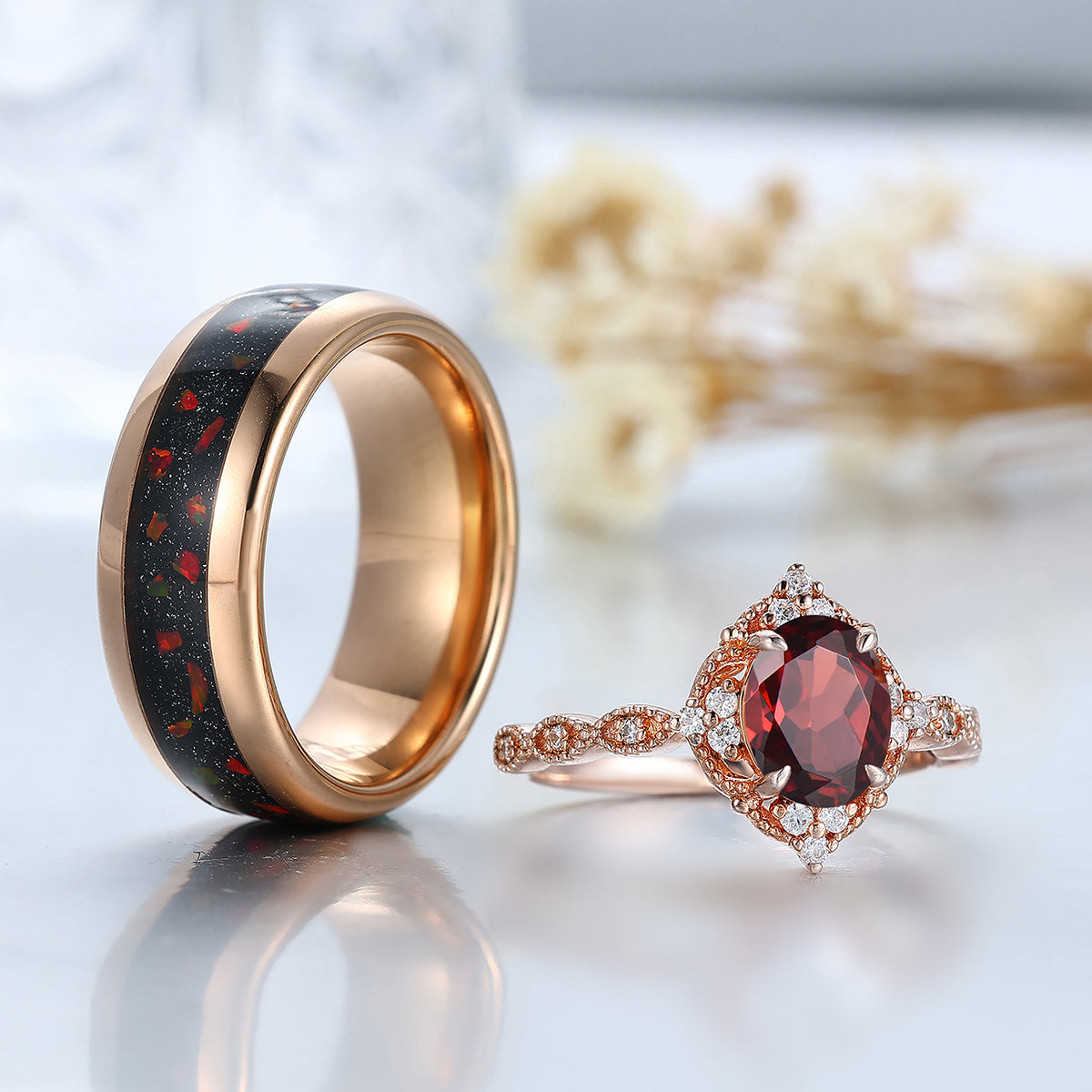 Vintage Milgrained Natural Red Garnet Couple Ring 2pcs Red