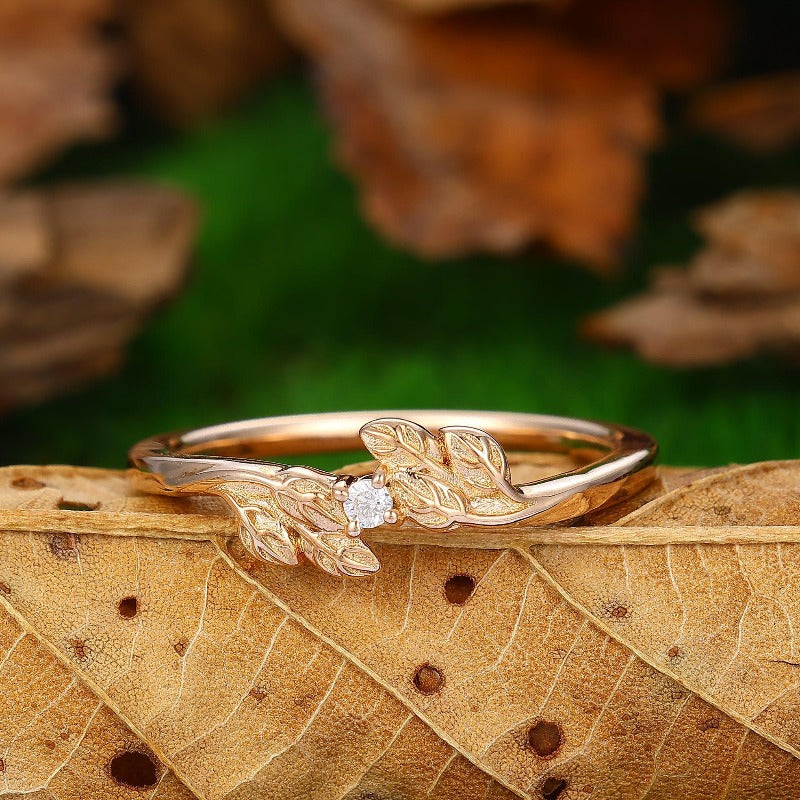 Wedding Leaf Moissanite Promise Bridal Ring Matching Band Ring - Esdomera