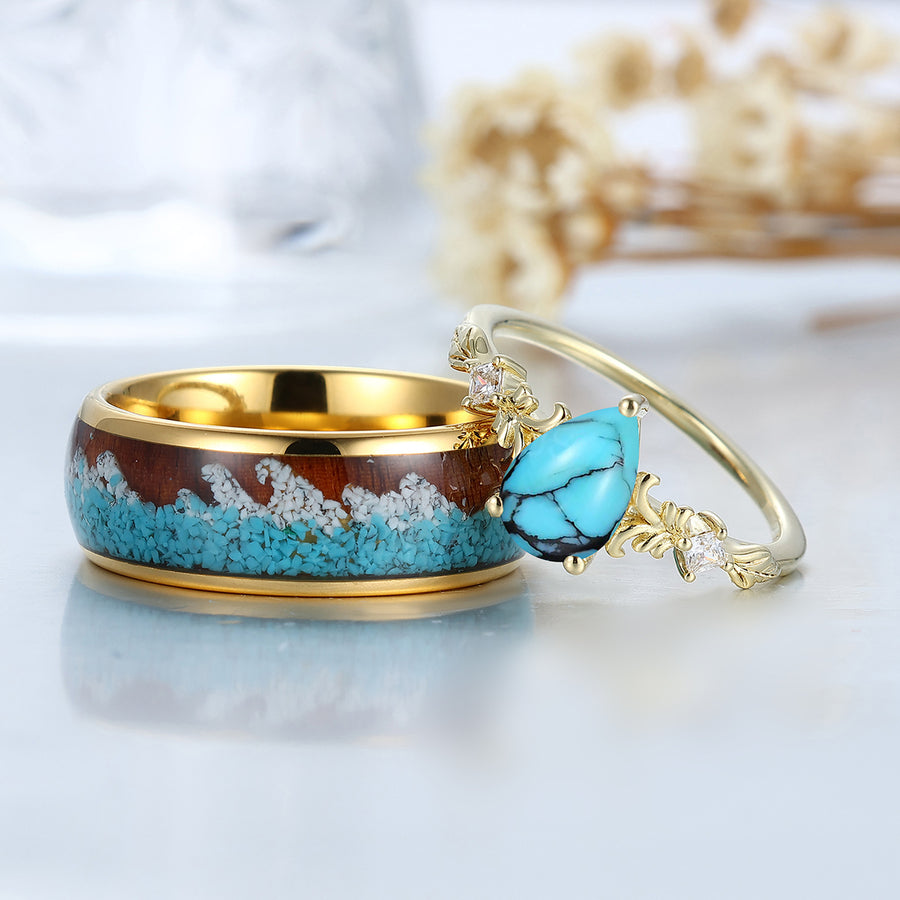 Anillos a juego para él y para ella con filigrana delicada de vid y turquesa, chapados en oro amarillo, anillos hechos a mano para parejas