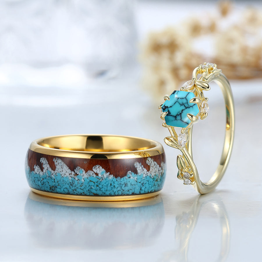 Anillos de pareja inspirados en hoja turquesa, anillos chapados en oro azul y amarillo para él y ella
